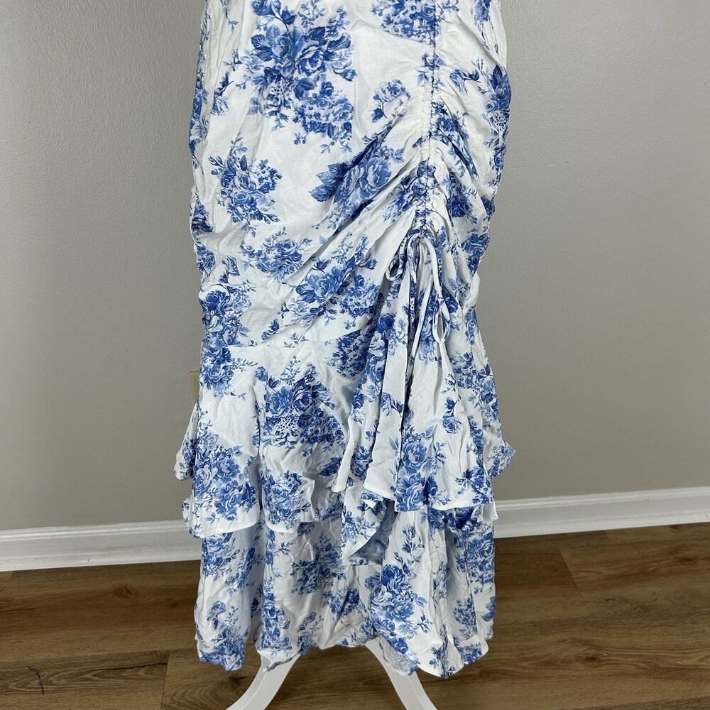 vici L Floral Blue White Maxi Dress Ruffle Ruched A-line Tiered Event Party Boho - Picture 2 of 7